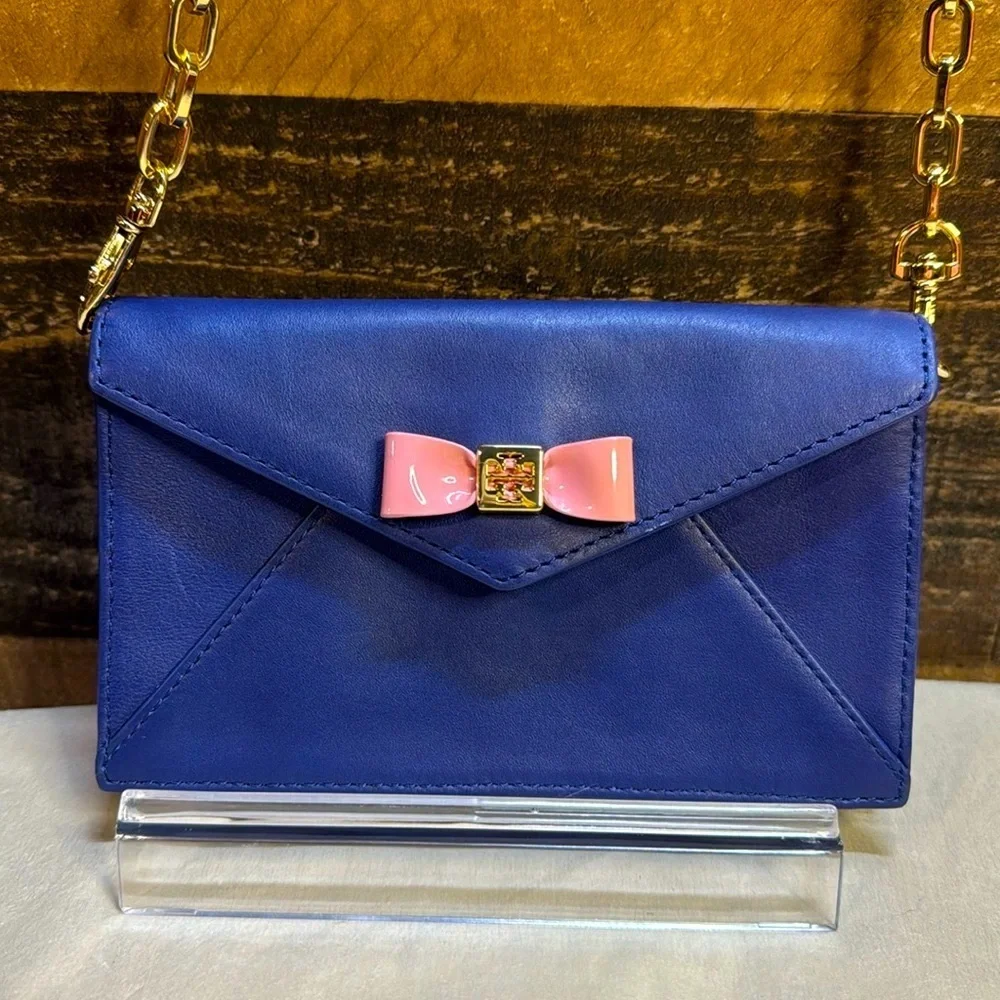 Tory Burch Blue Leather Mini Crossbody with Pink Bow and Gold Chain